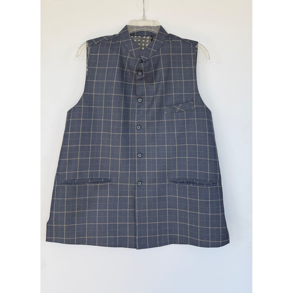 Mens 42 Blue Windowpane Check Nehru Collar Vest Cultural Wedding Waistcoat Event